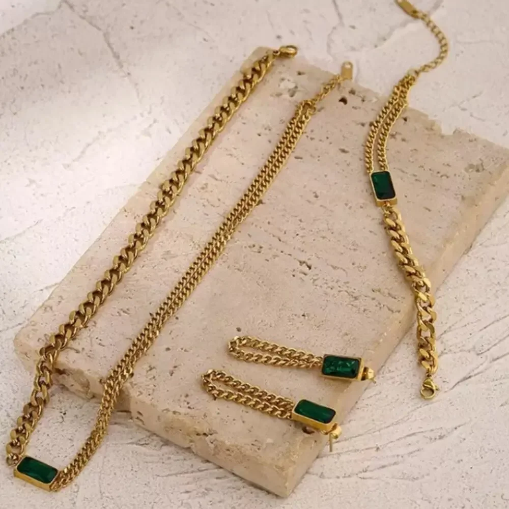 Emerald Green Gold Zircon Matching Chain Link Necklace Bracelet Earrings Set